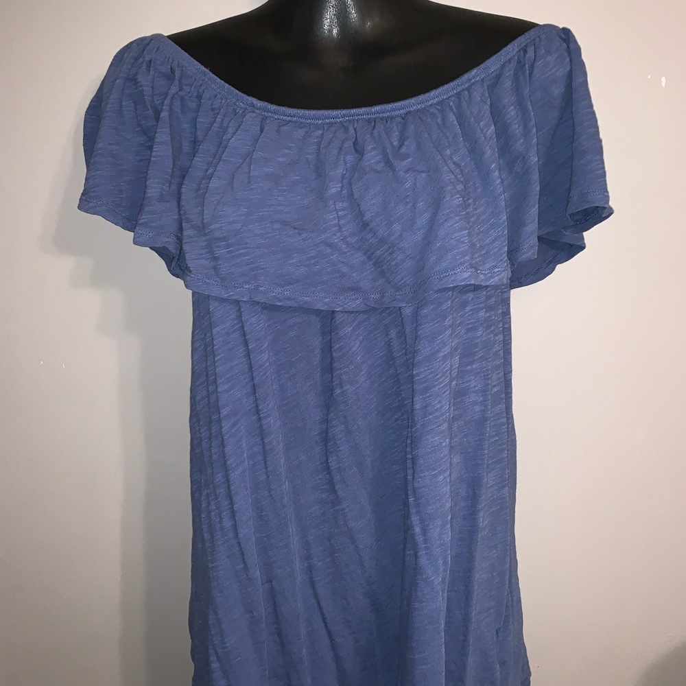 Off the shoulder, flounce blue top
